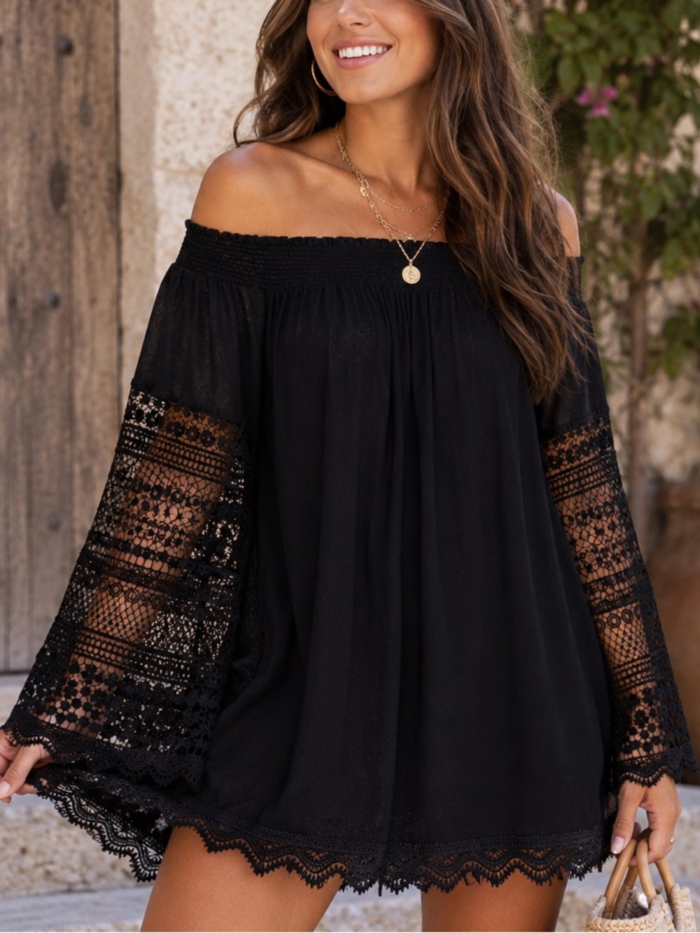 . Vici Black Boho Off The Shoulder Sleeveless Crochet Bell Sleeve Tunic Top